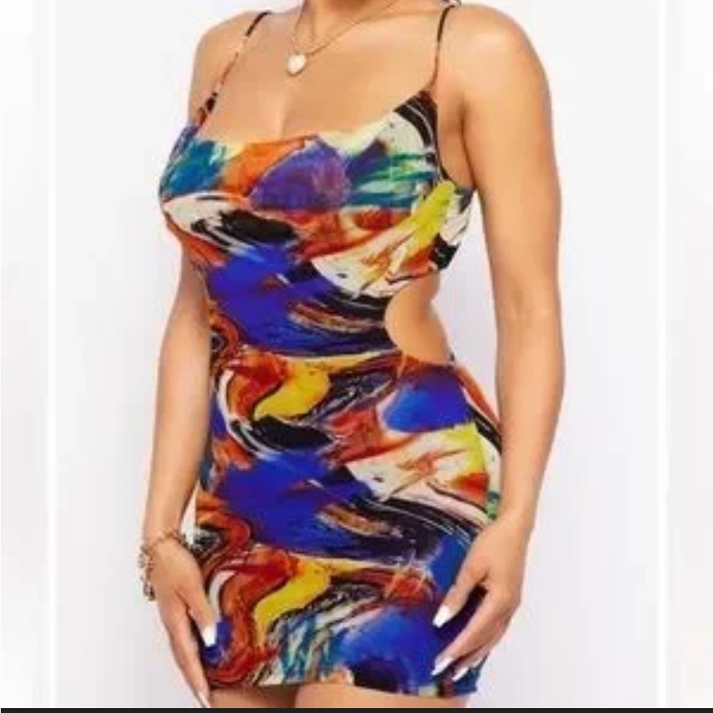 Blanc Picasso Print Cut Out Mini Dress Small Multicolor Bodycon Party - Picture 2 of 15